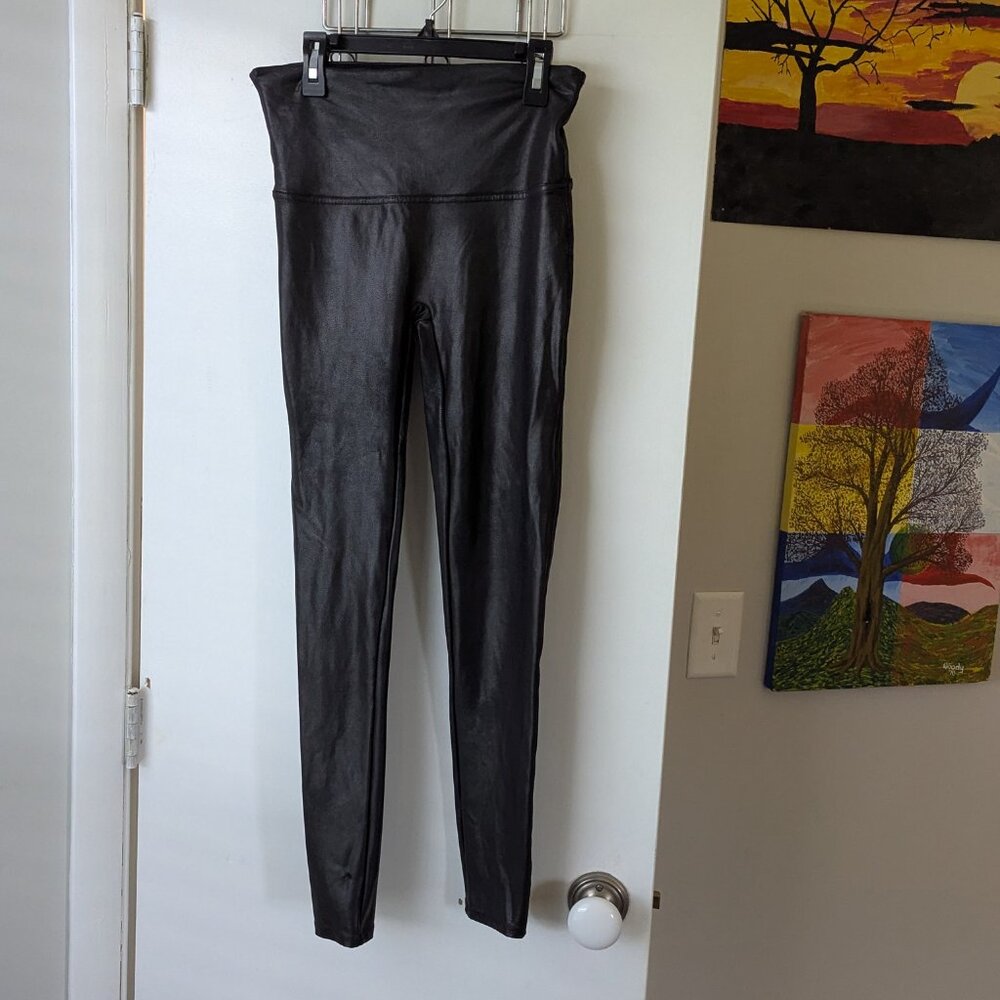 Spanx Bronze Black Metallic Shimmer Faux Leather Leggings Size Large